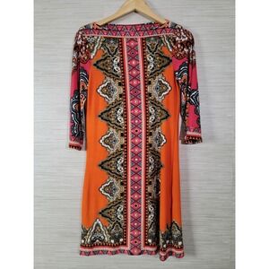 iCE Dress Womens Sz 4 Orange Pink Paisley Tribal Aztec Boho Stretch 3/4 Sleeve
